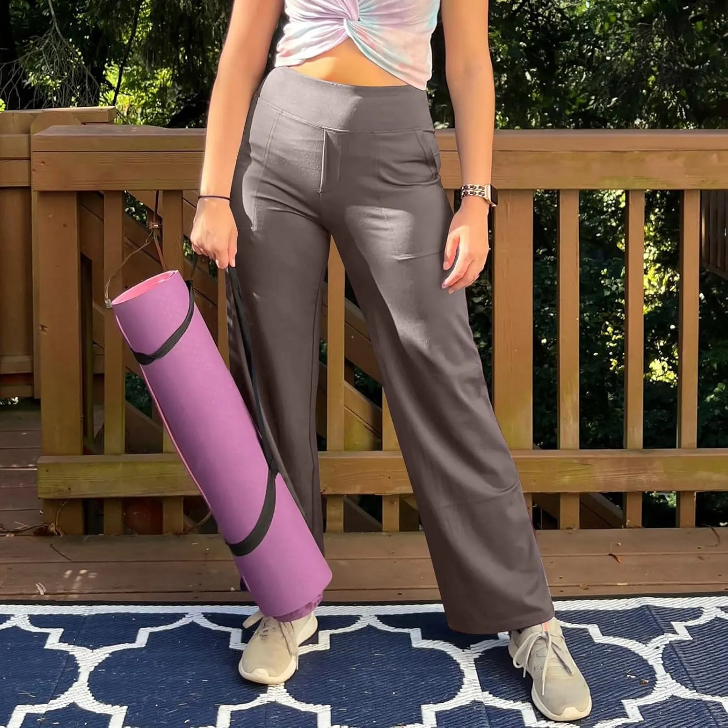 Women's Straight Leg Yoga Pants with Pockets High Waist Office Work Stretch Dress Pants Baggy Trouser Sweatpants