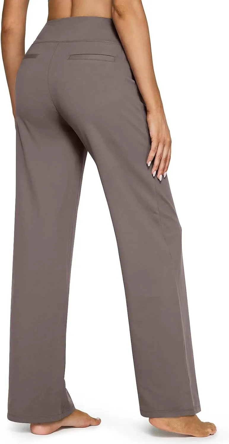 Women's Straight Leg Yoga Pants with Pockets High Waist Office Work Stretch Dress Pants Baggy Trouser Sweatpants