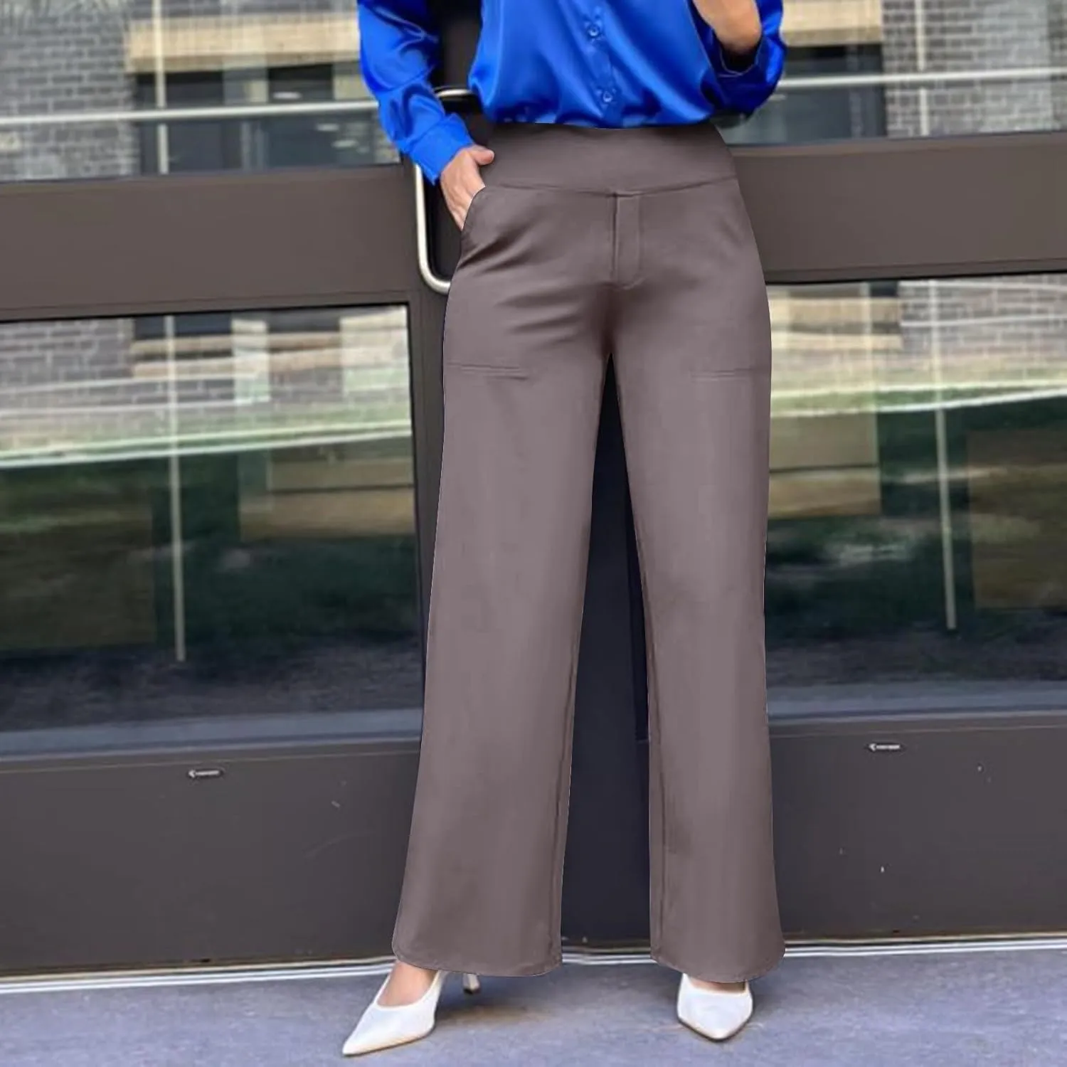 Women's Straight Leg Yoga Pants with Pockets High Waist Office Work Stretch Dress Pants Baggy Trouser Sweatpants