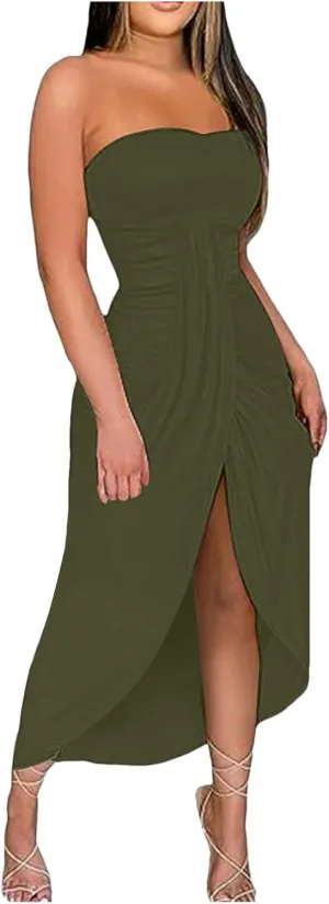 Women's Strapless Ruched High Waist Wrap Split Asymmetrical Solid Color Beach Maxi Long Dresses