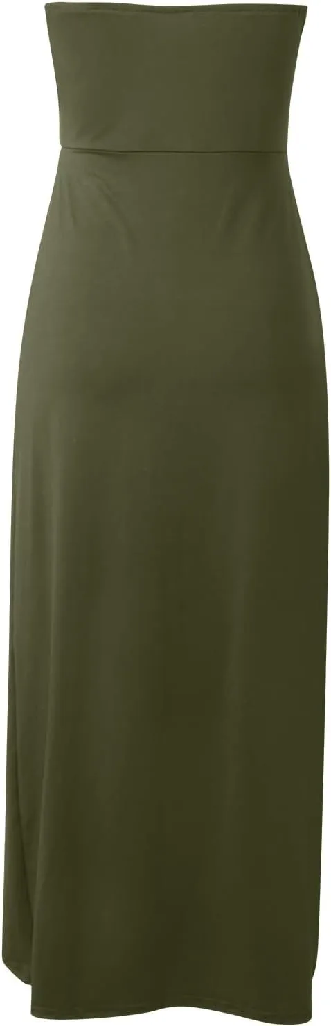 Women's Strapless Ruched High Waist Wrap Split Asymmetrical Solid Color Beach Maxi Long Dresses