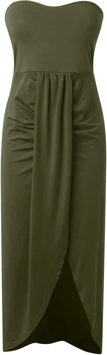 Women's Strapless Ruched High Waist Wrap Split Asymmetrical Solid Color Beach Maxi Long Dresses
