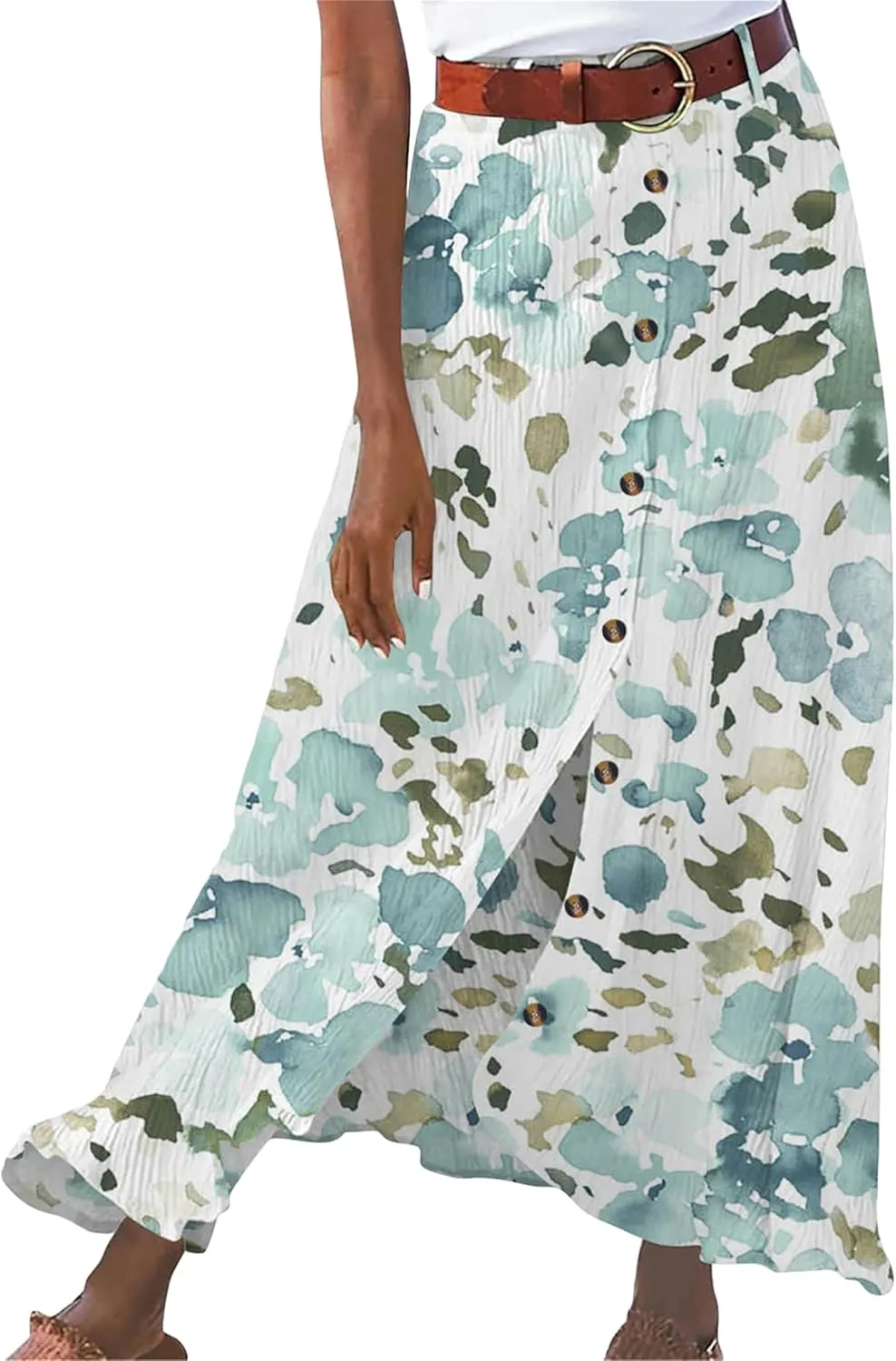 Women's Summer A Line Flared Maxi Skirt Vintage High Waisted Button Down Swing Skirt with Belts