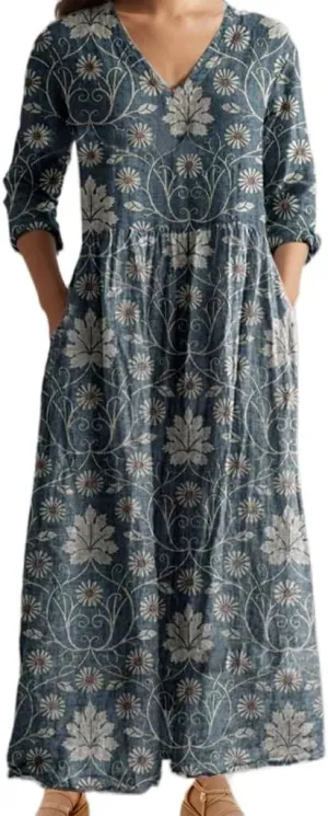 Women's Summer Boho Floral Long Sleeve Maxi Dress Flowy Casual Loose Bohemia Beach Vacation Dress with Pockets