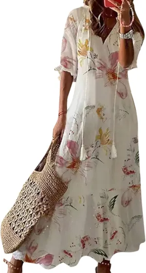 Women's Summer Boho Floral V Neck Ruffle Maxi Dress Flowy Casual Short Sleeve Tiered Beach Wedding Guest Tshirt Dress