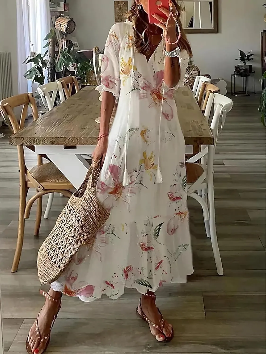 Women's Summer Boho Floral V Neck Ruffle Maxi Dress Flowy Casual Short Sleeve Tiered Beach Wedding Guest Tshirt Dress