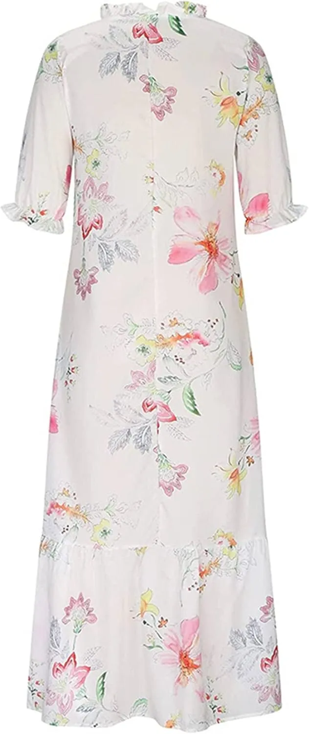Women's Summer Boho Floral V Neck Ruffle Maxi Dress Flowy Casual Short Sleeve Tiered Beach Wedding Guest Tshirt Dress