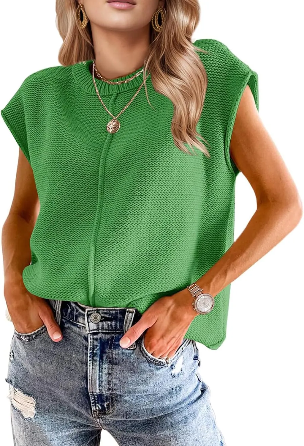 Womens Summer Cap Sleeve Tops 2025 Trendy Loose Knit Sweater Vests Cute Shirts Outfits Spring Fall Casual Tops