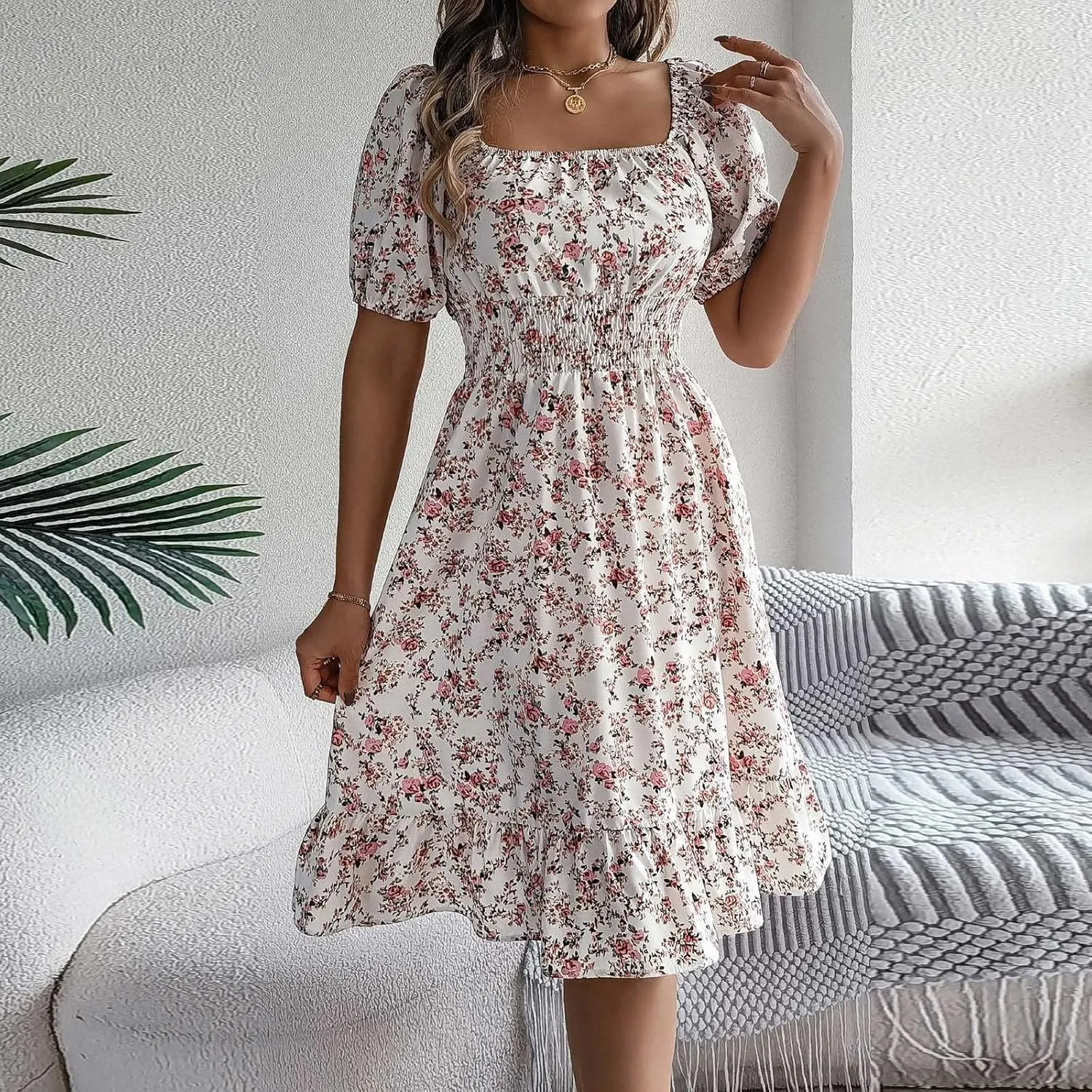 Women's Summer Casual Loose Trendy Sun Dress Square Neck Short Sleeve Floral Print Boho Dresses, S-XL