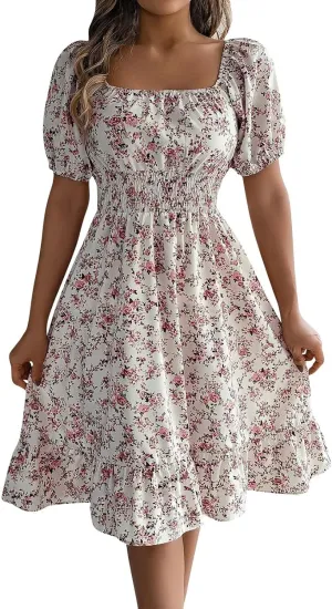 Women's Summer Casual Loose Trendy Sun Dress Square Neck Short Sleeve Floral Print Boho Dresses, S-XL