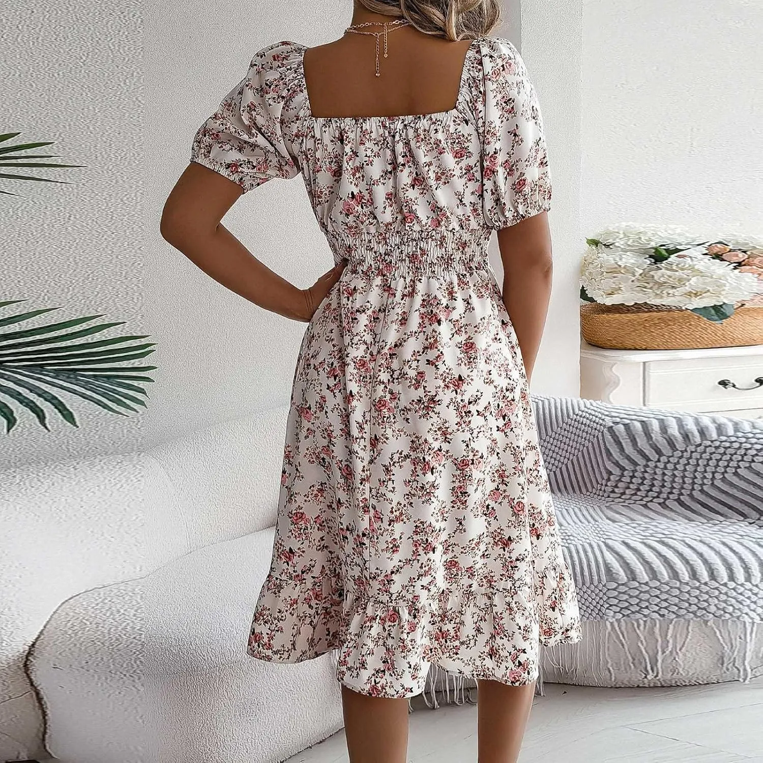 Women's Summer Casual Loose Trendy Sun Dress Square Neck Short Sleeve Floral Print Boho Dresses, S-XL