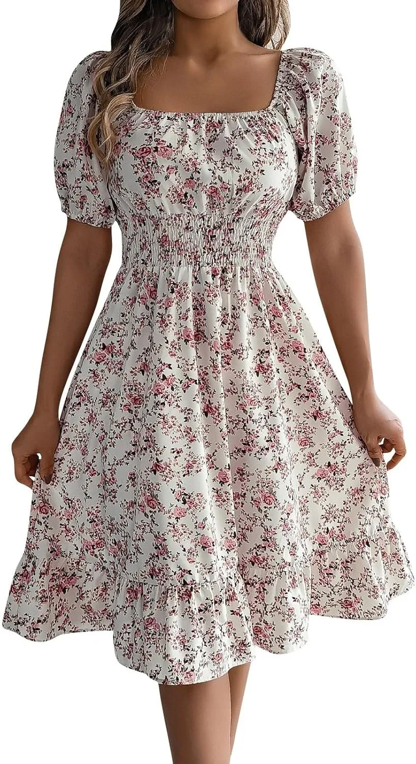 Women's Summer Casual Loose Trendy Sun Dress Square Neck Short Sleeve Floral Print Boho Dresses, S-XL