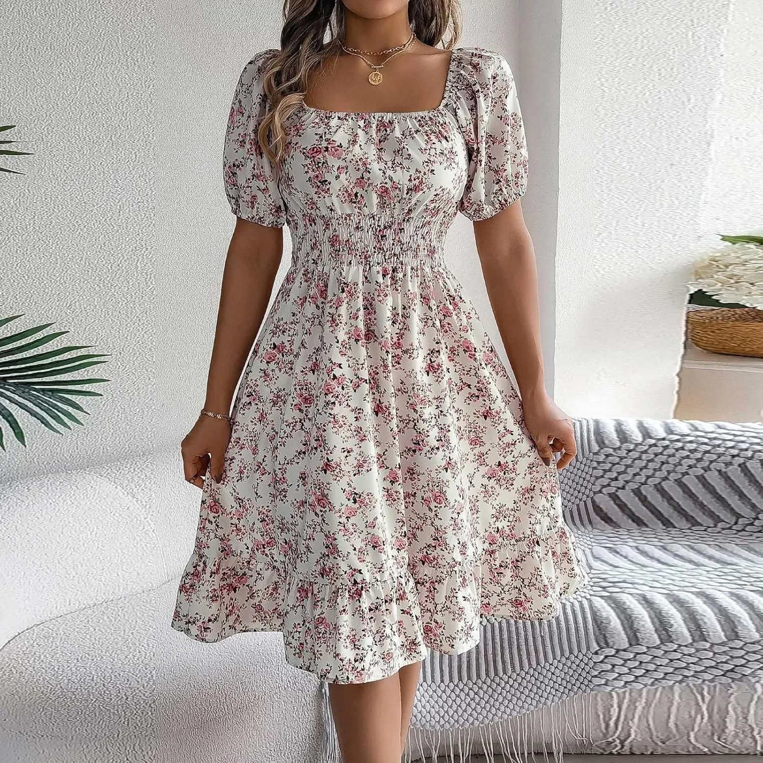Women's Summer Casual Loose Trendy Sun Dress Square Neck Short Sleeve Floral Print Boho Dresses, S-XL