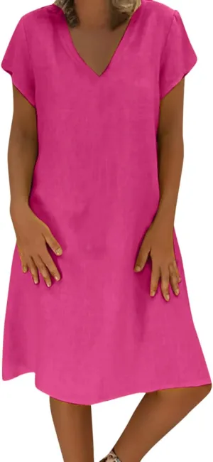 Women's Summer Cotton Linen Dress Loose V-Neck Short Sleeve T-Shirt Dress Solid Beach Dress Casual Maxi Dresses