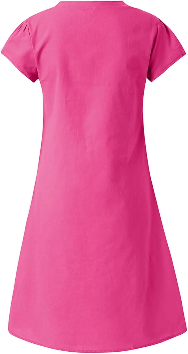 Women's Summer Cotton Linen Dress Loose V-Neck Short Sleeve T-Shirt Dress Solid Beach Dress Casual Maxi Dresses