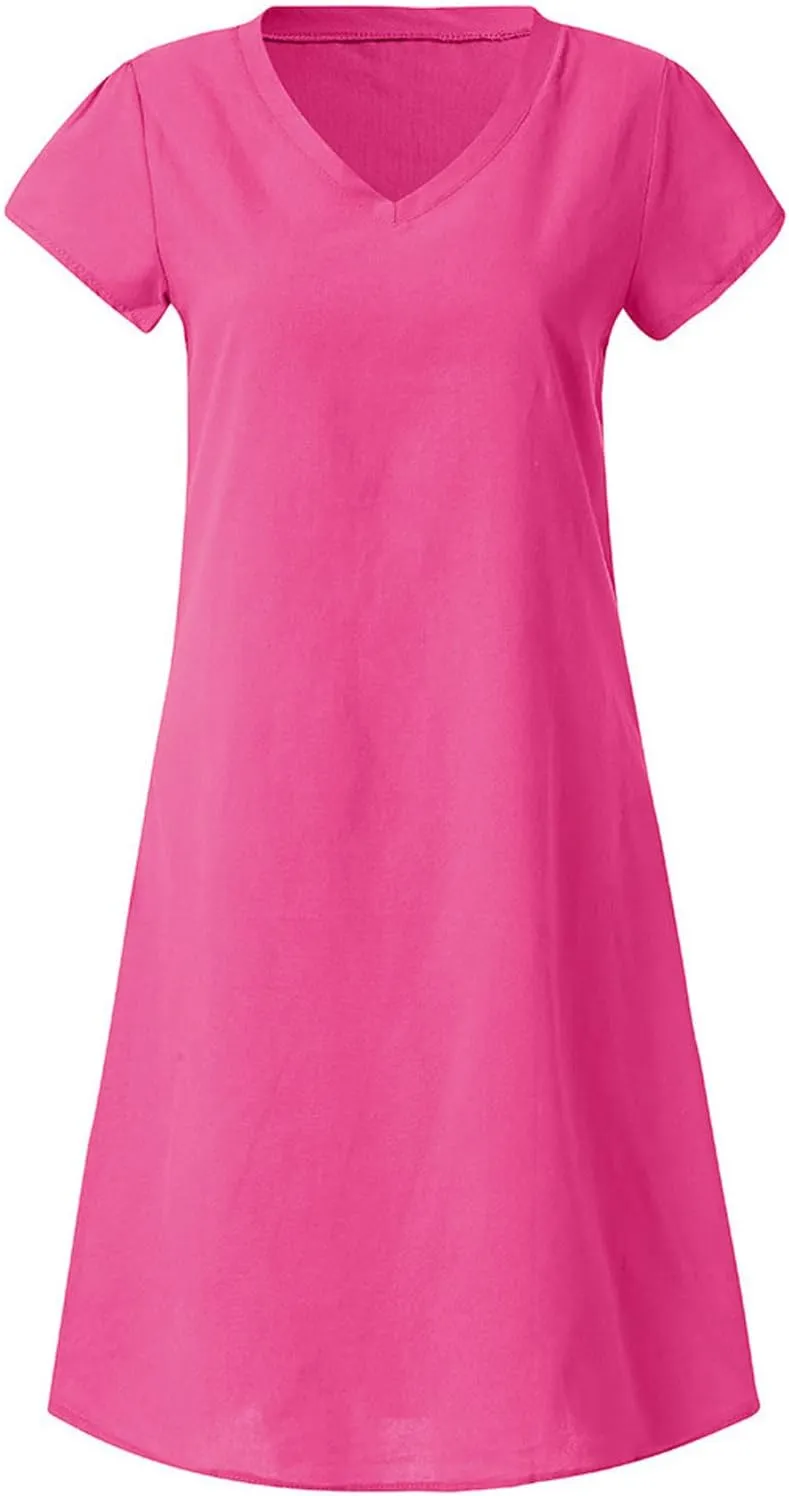 Women's Summer Cotton Linen Dress Loose V-Neck Short Sleeve T-Shirt Dress Solid Beach Dress Casual Maxi Dresses