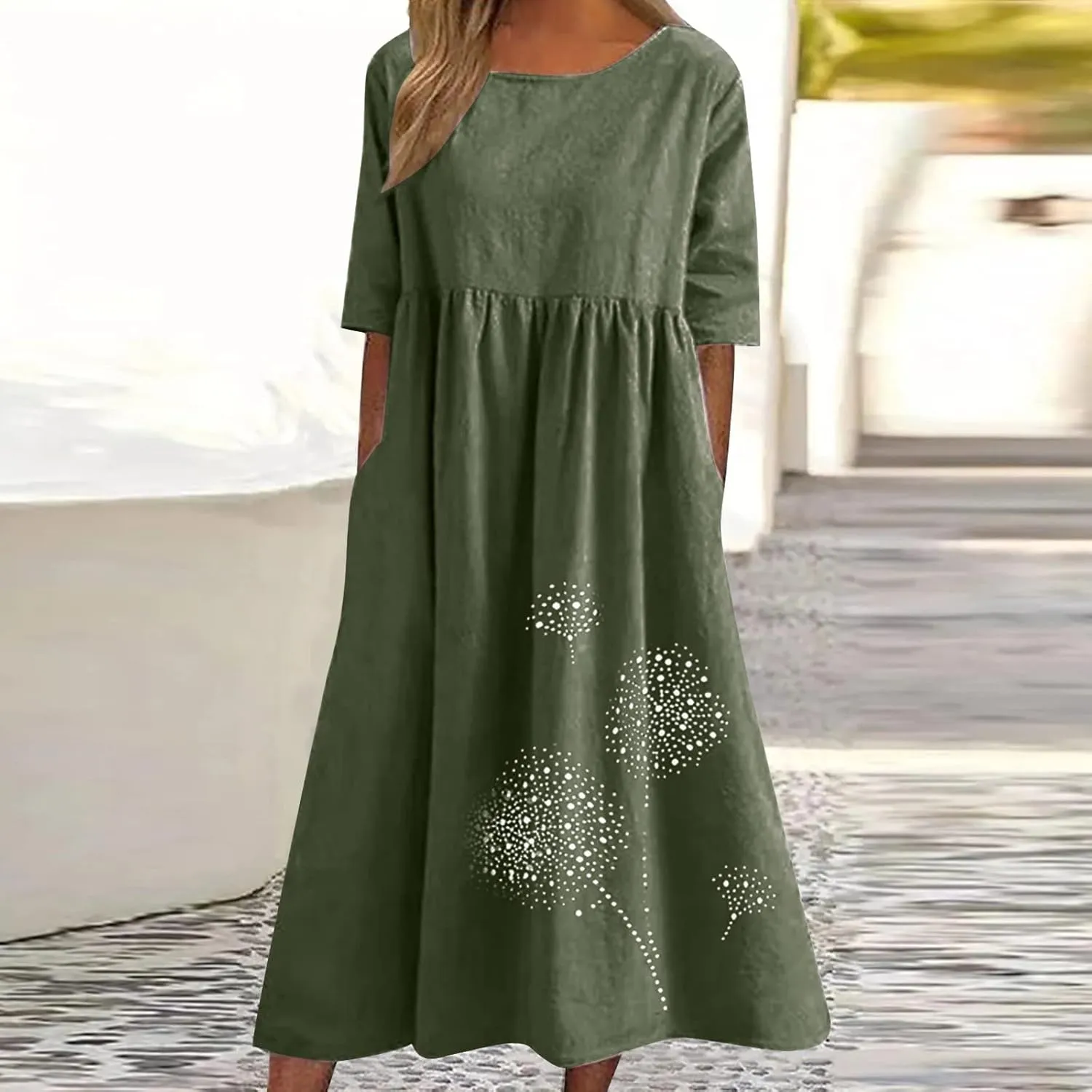 Womens Summer Cotton Linen Dresses Casual Short Sleeve Crew Neck Dress Trendy Loose Beach Sundress with Pockets