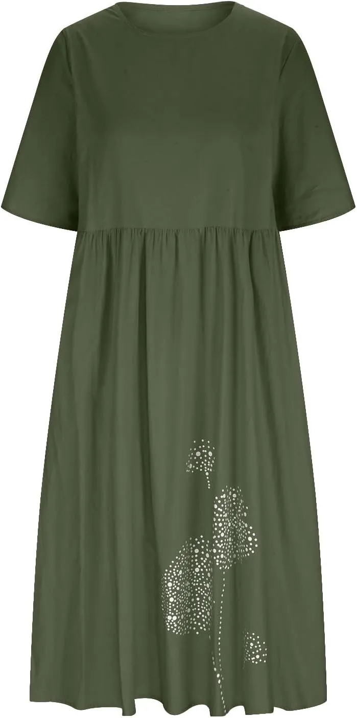 Womens Summer Cotton Linen Dresses Casual Short Sleeve Crew Neck Dress Trendy Loose Beach Sundress with Pockets