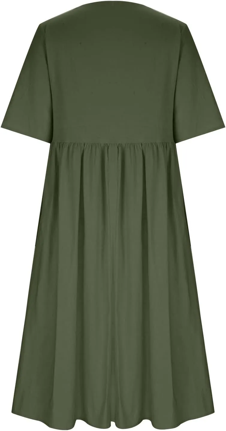 Womens Summer Cotton Linen Dresses Casual Short Sleeve Crew Neck Dress Trendy Loose Beach Sundress with Pockets