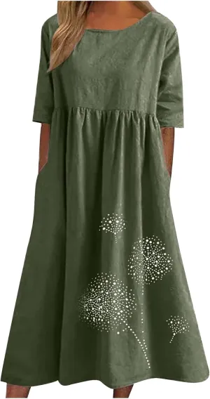 Womens Summer Cotton Linen Dresses Casual Short Sleeve Crew Neck Dress Trendy Loose Beach Sundress with Pockets