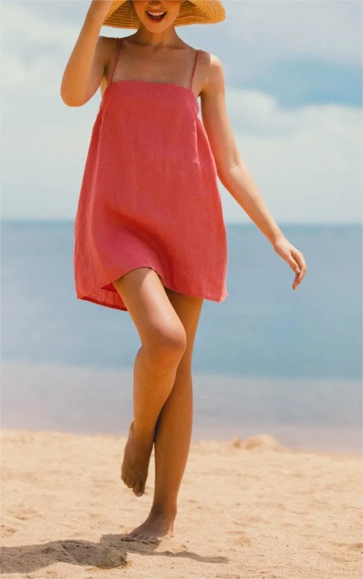 Womens Summer Cotton Linen Spaghetti Strap Mini Dresses Backless Sleeveless Beach Vacation Short Sundress