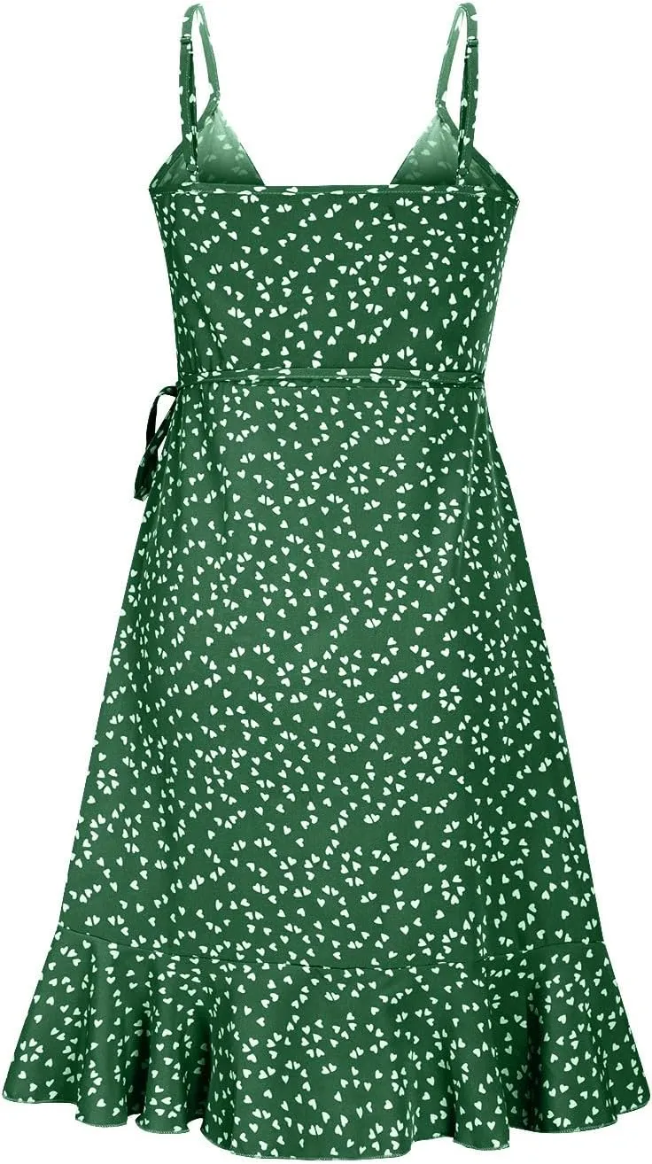 Womens Summer Floral Dress Pleated Ruffle Trim Spaghetti Strap Mini Dress Sexy V Neck Beach Vacation Sundress