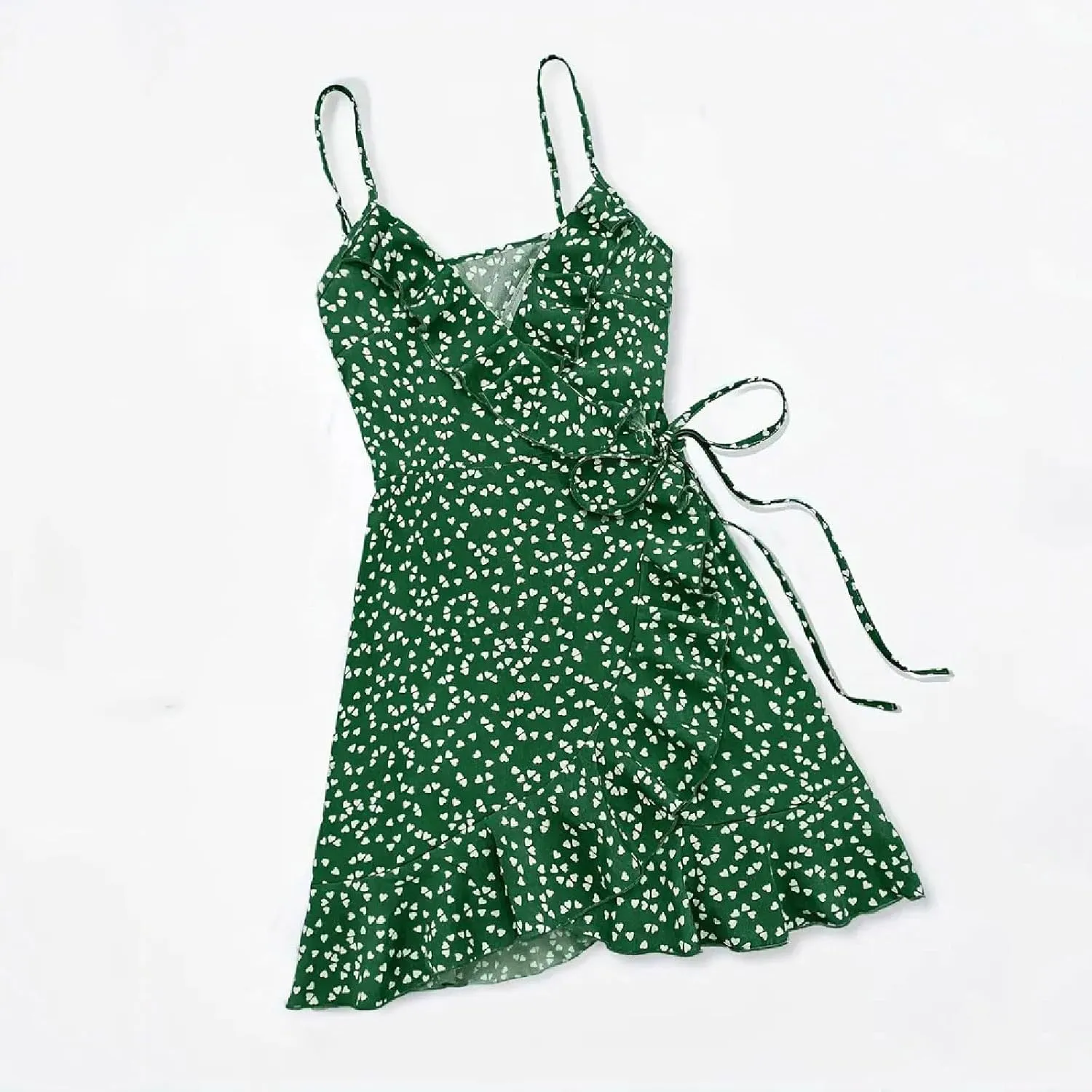 Womens Summer Floral Dress Pleated Ruffle Trim Spaghetti Strap Mini Dress Sexy V Neck Beach Vacation Sundress