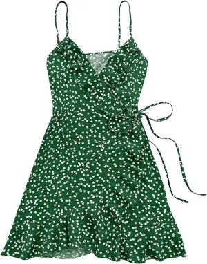 Womens Summer Floral Dress Pleated Ruffle Trim Spaghetti Strap Mini Dress Sexy V Neck Beach Vacation Sundress