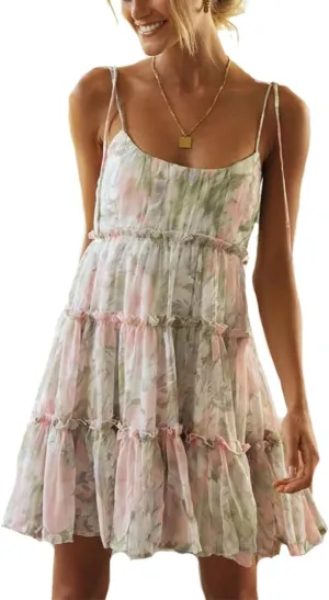 Womens Summer Floral Spaghetti Strap Mini Dress Boho Flowy Tiered Cami Dress Sleeveless Ruffle Short Sundress