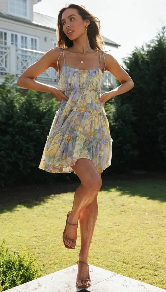 Womens Summer Floral Spaghetti Strap Mini Dress Boho Flowy Tiered Cami Dress Sleeveless Ruffle Short Sundress