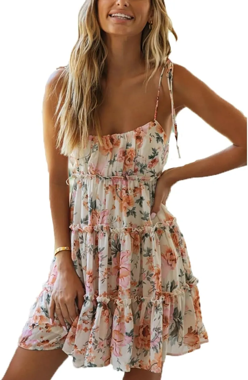 Womens Summer Floral Spaghetti Strap Mini Dress Boho Flowy Tiered Cami Dress Sleeveless Ruffle Short Sundress