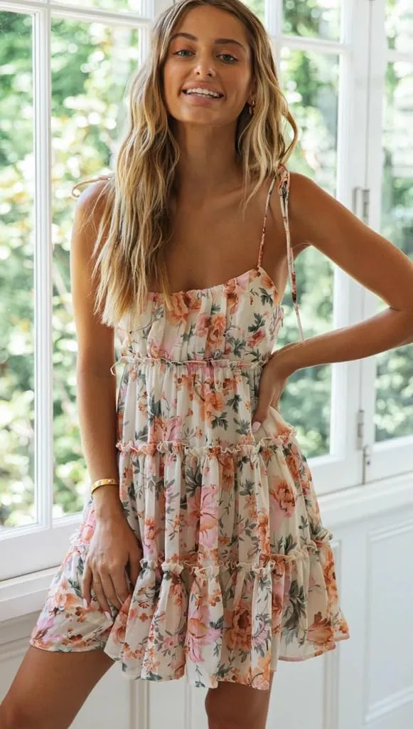 Womens Summer Floral Spaghetti Strap Mini Dress Boho Flowy Tiered Cami Dress Sleeveless Ruffle Short Sundress