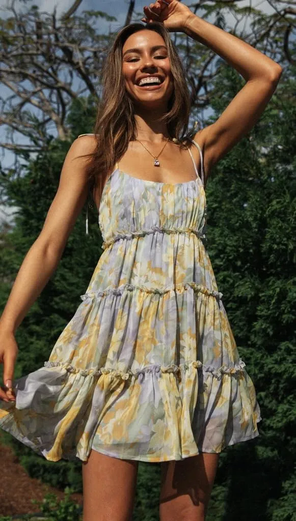 Womens Summer Floral Spaghetti Strap Mini Dress Boho Flowy Tiered Cami Dress Sleeveless Ruffle Short Sundress