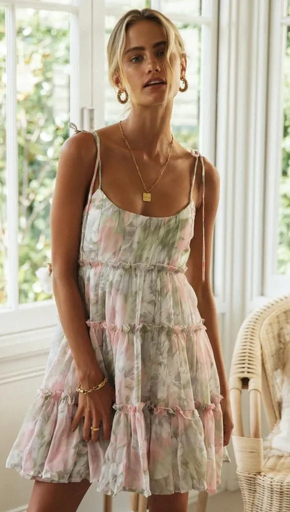 Womens Summer Floral Spaghetti Strap Mini Dress Boho Flowy Tiered Cami Dress Sleeveless Ruffle Short Sundress