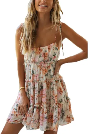 Womens Summer Floral Spaghetti Strap Mini Dress Boho Flowy Tiered Cami Dress Sleeveless Ruffle Short Sundress