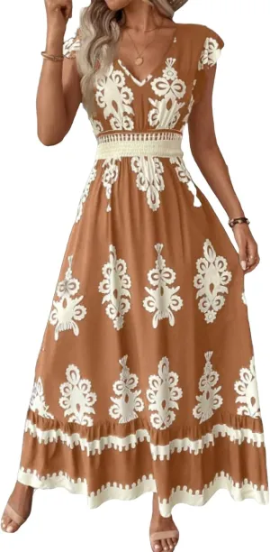 Womens Summer Maxi Dress V Neck Boho Floral Print Short Sleeve A Line Dresses Casual Flowy Vacation Beach Swing Dress
