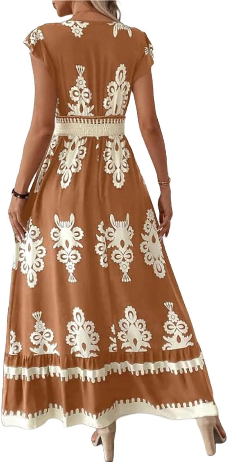 Womens Summer Maxi Dress V Neck Boho Floral Print Short Sleeve A Line Dresses Casual Flowy Vacation Beach Swing Dress