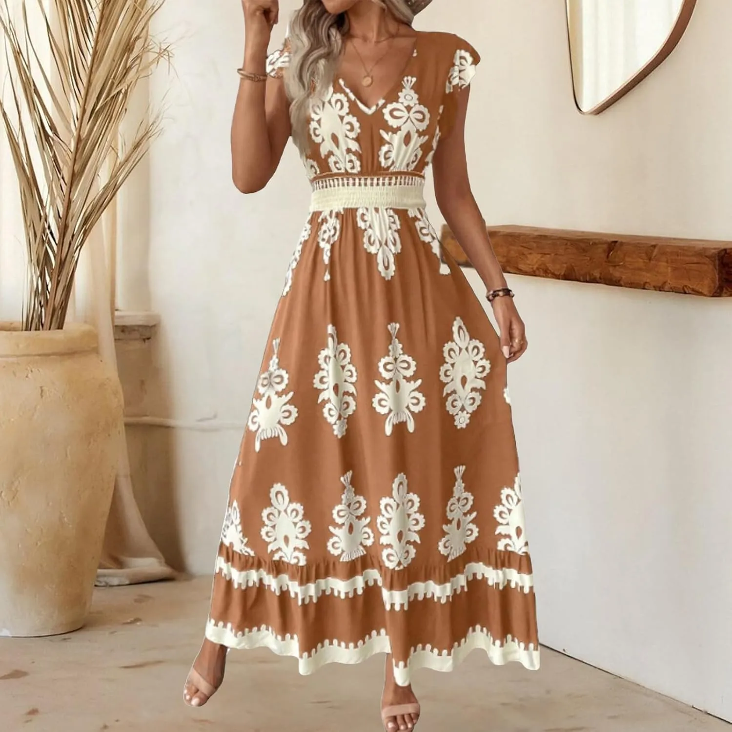 Womens Summer Maxi Dress V Neck Boho Floral Print Short Sleeve A Line Dresses Casual Flowy Vacation Beach Swing Dress
