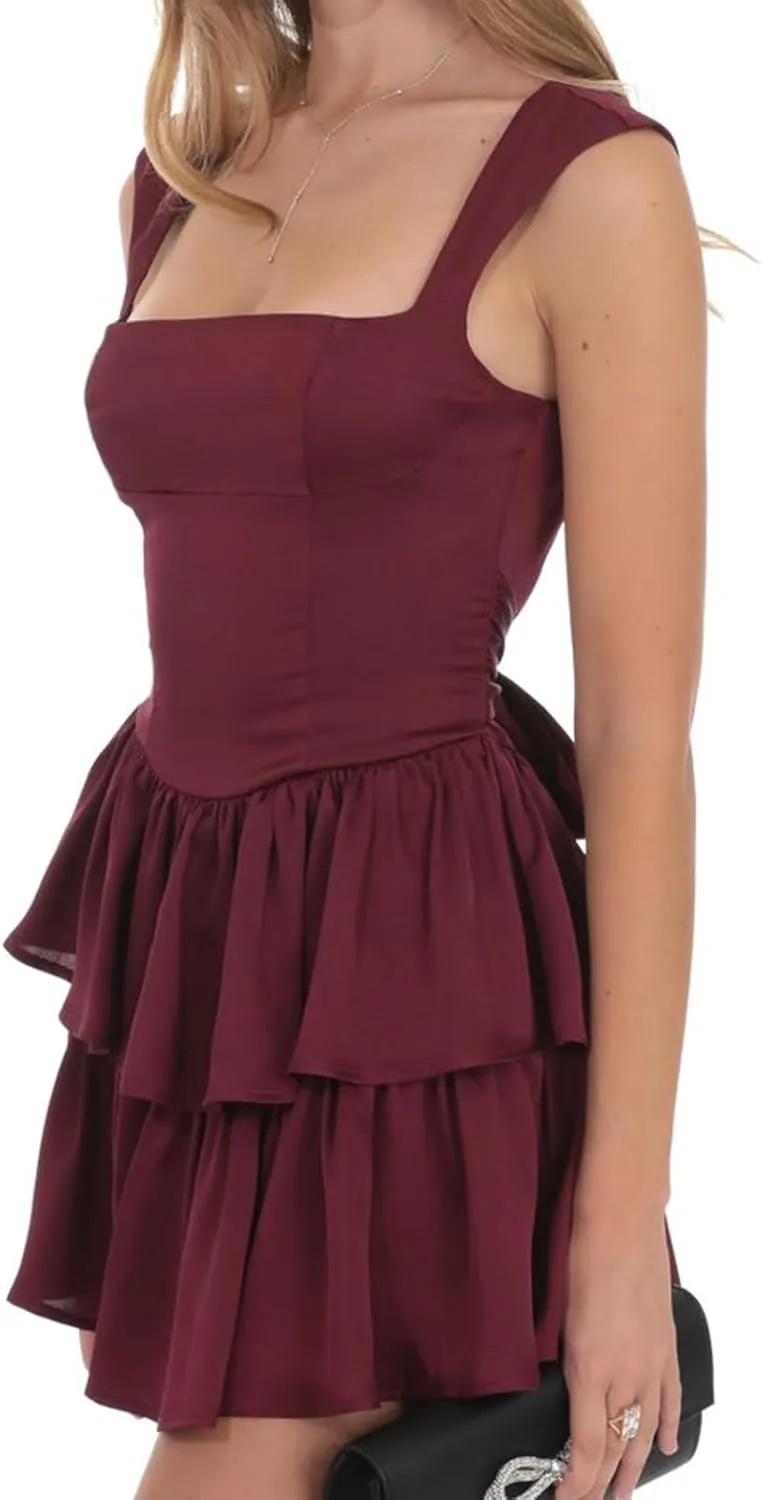 Women's Summer Mini Cami Dress Y2k Sleeveless Open Back Solid Color Tiered Hem Mini Beach Sun Dresses Clubwear