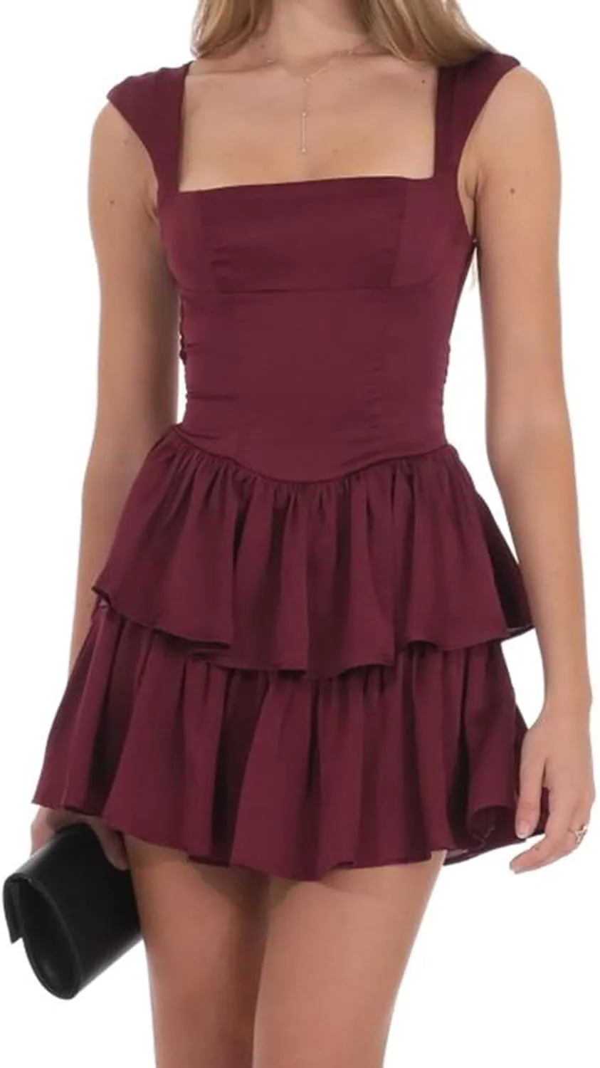 Women's Summer Mini Cami Dress Y2k Sleeveless Open Back Solid Color Tiered Hem Mini Beach Sun Dresses Clubwear