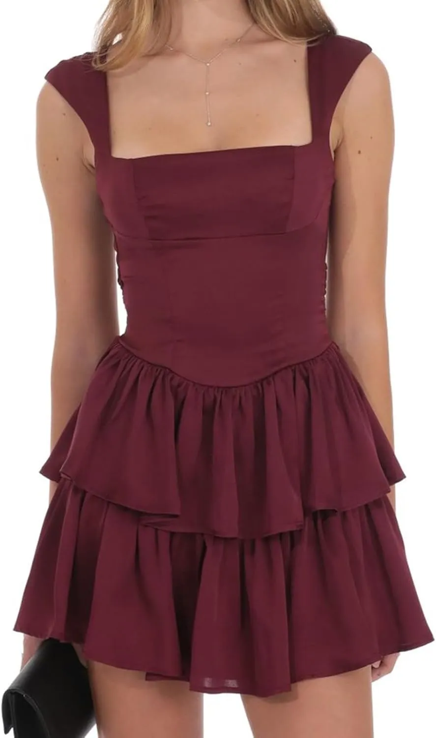 Women's Summer Mini Cami Dress Y2k Sleeveless Open Back Solid Color Tiered Hem Mini Beach Sun Dresses Clubwear