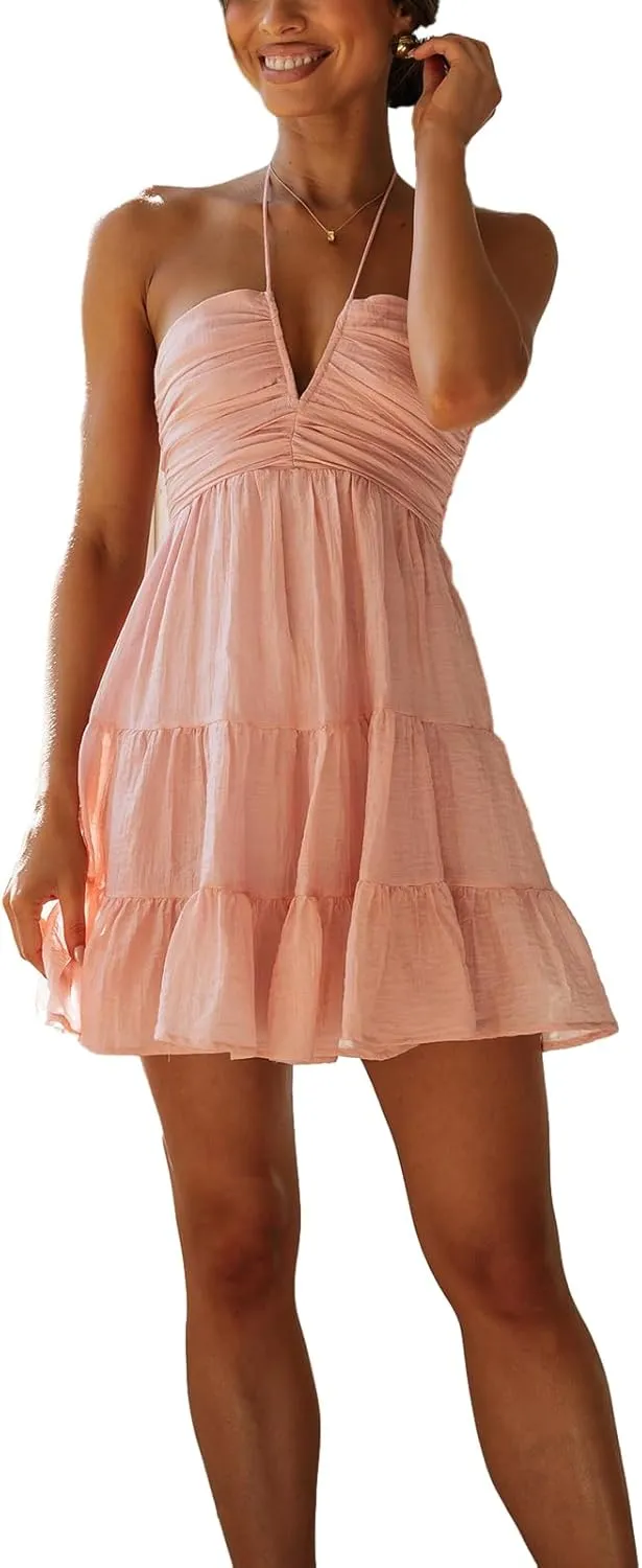 Women's Summer Mini Dress Halter Deep V Neck Sleeveless Flowy Tiered Ruffle Hem Dress Beach Streetwear