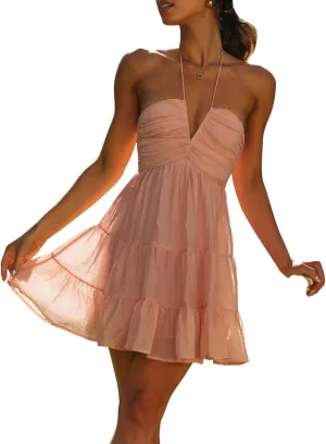 Women's Summer Mini Dress Halter Deep V Neck Sleeveless Flowy Tiered Ruffle Hem Dress Beach Streetwear