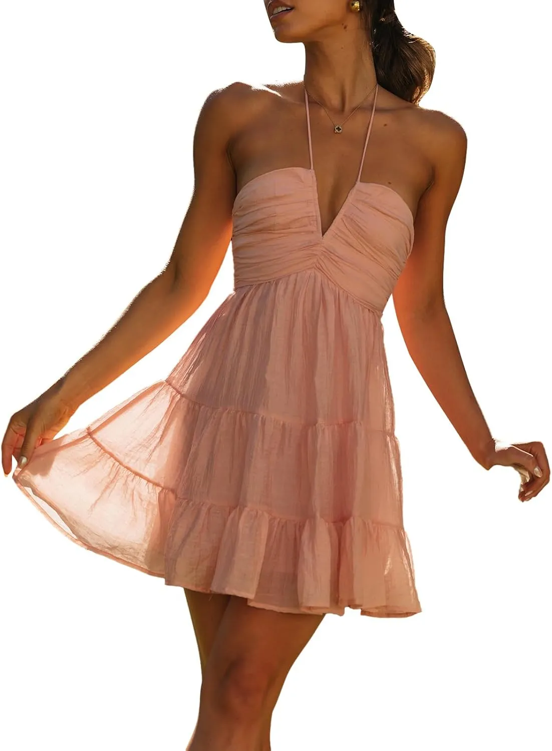 Women's Summer Mini Dress Halter Deep V Neck Sleeveless Flowy Tiered Ruffle Hem Dress Beach Streetwear