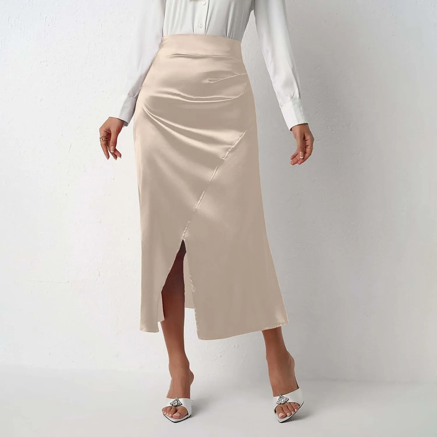 Womens Summer Skirt 2025 Silk Elegant High Waist Cocktail Party Wedding Split Midi Skirt Satin Maxi Skirts