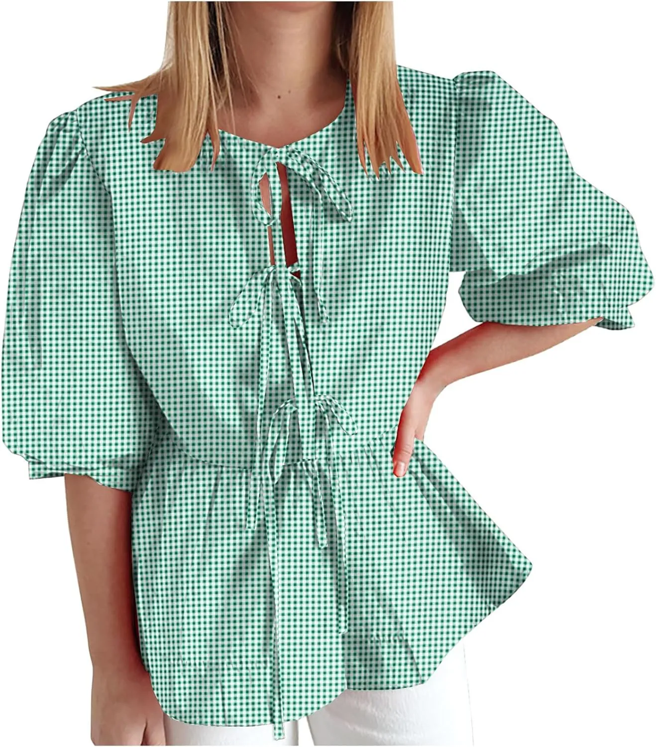 Womens Summer Tops Tie Front Peplum Shirts Puff Short Sleeve Plaid Floral Blouse Going Out Dating Girls Fashion Top