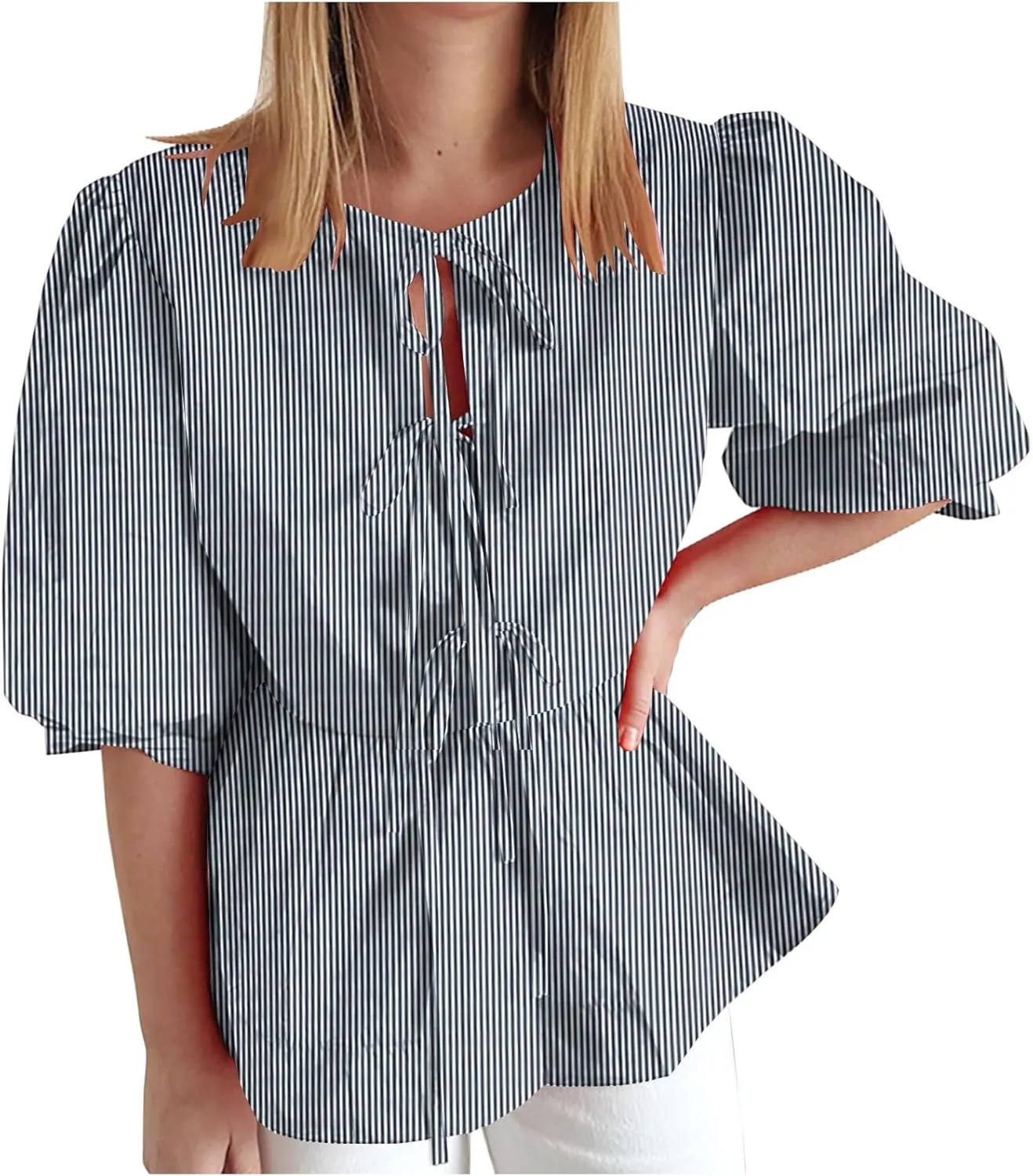 Womens Summer Tops Tie Front Peplum Shirts Puff Short Sleeve Plaid Floral Blouse Going Out Dating Girls Fashion Top