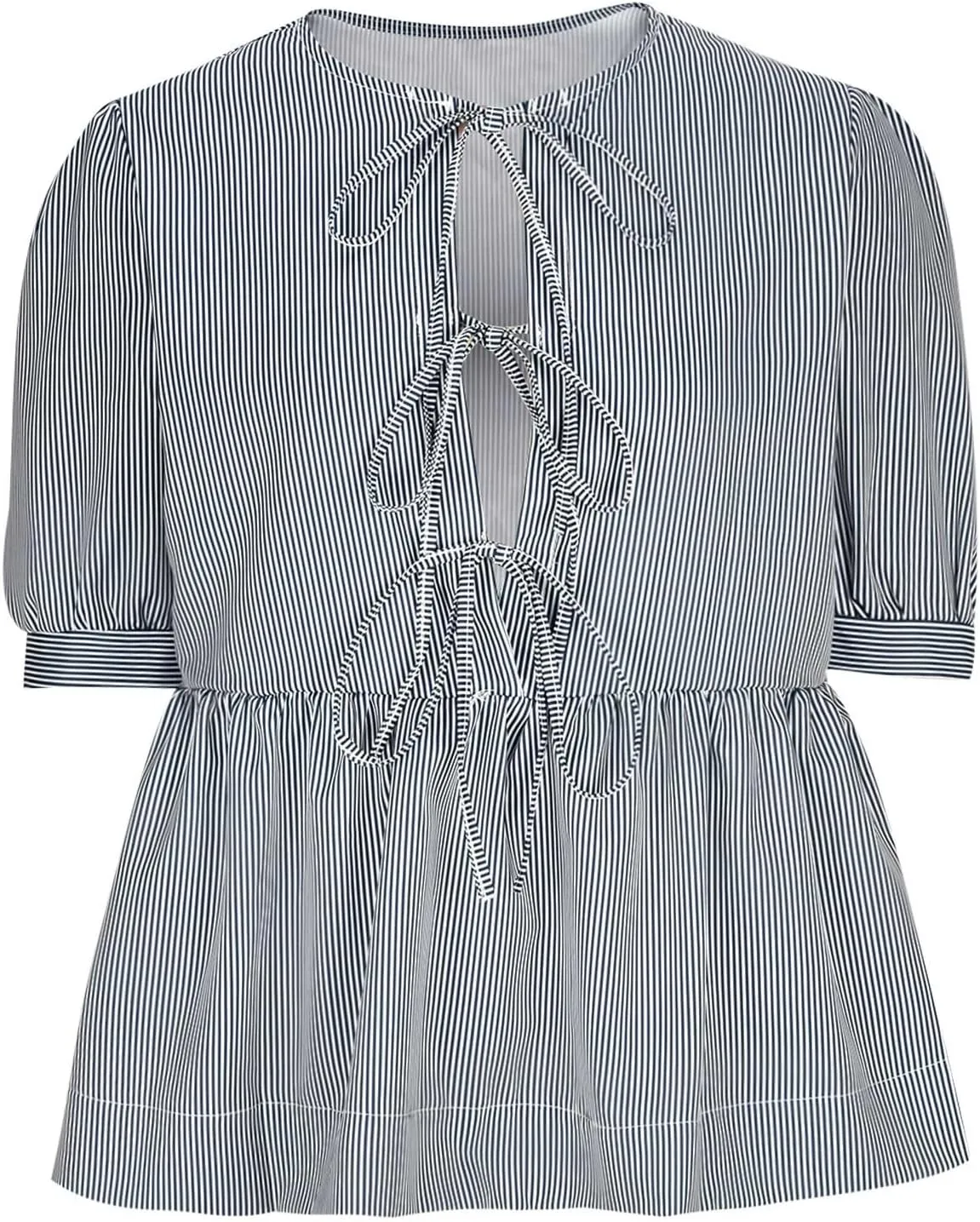 Womens Summer Tops Tie Front Peplum Shirts Puff Short Sleeve Plaid Floral Blouse Going Out Dating Girls Fashion Top
