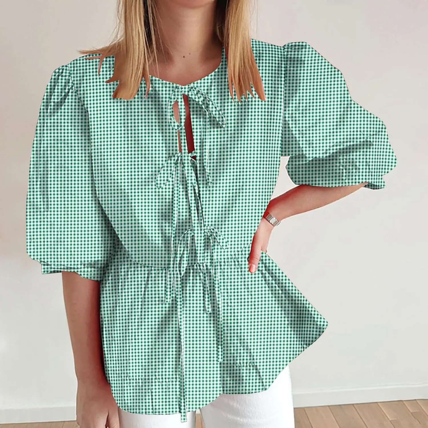 Womens Summer Tops Tie Front Peplum Shirts Puff Short Sleeve Plaid Floral Blouse Going Out Dating Girls Fashion Top