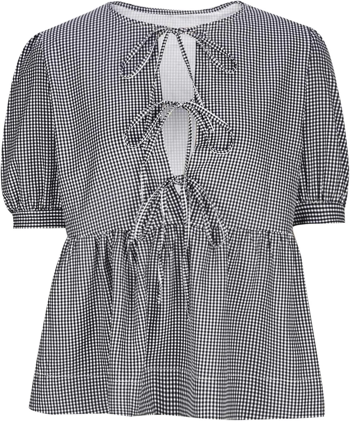 Womens Summer Tops Tie Front Peplum Shirts Puff Short Sleeve Plaid Floral Blouse Going Out Dating Girls Fashion Top